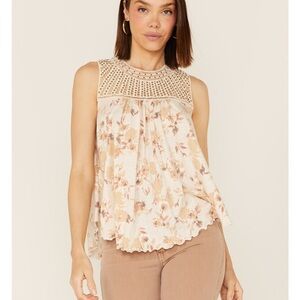 WILD MOSS CROCHET STUDDED YOKE FLOWY TANK TOP